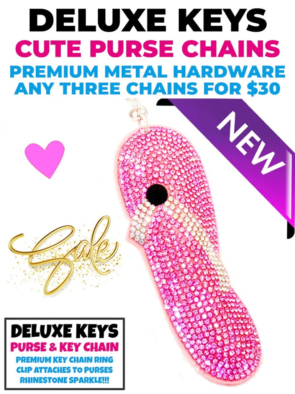 DeLuxe Keys Rhinestone Keychain/Purse Chain PINK FLIP FLOP